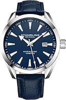 Stuhrling Original Mens Watch Analog Dial with Date - Calfskin Leather Strap or Stainless Steel Bracelet, 3953 Watches for Men Collection (Leather/Blue)