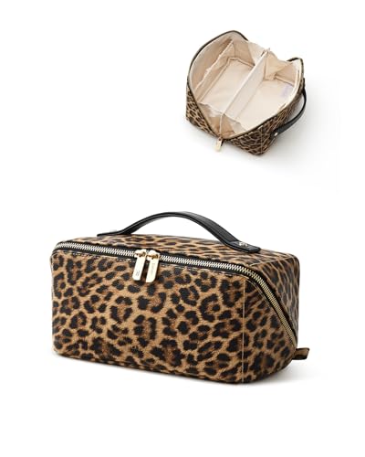 Image of EACHY Travel Makeup Bag, Large Capacity Cosmetic Bag for Women, Waterproof PU Leather, Flat Open Portable Toiletry Bag for Skincare, Brushes & Travel Essentials