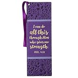 Christian Art Gifts Inspirational Premium Vegan Leather Scripture Bookmark for Women: I Can Do All This Encouraging Bible Verse, Satin Ribbon Tassel for Reading, Heat-Debossed, Purple Floral & Gold