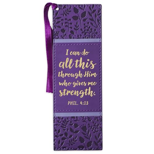 Christian Art Gifts Inspirational Premium Vegan Leather Scripture Bookmark for Women: I Can Do All This Encouraging Bible Verse, Satin Ribbon Tassel for Reading, Heat-Debossed, Purple Floral & Gold