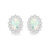 Tuscany Silver Women's Sterling Silver Rhodium Plated Oval Synthetic Opal and White CZ 7.5mm x 9.5mm Flower Cluster Stud Earrings
