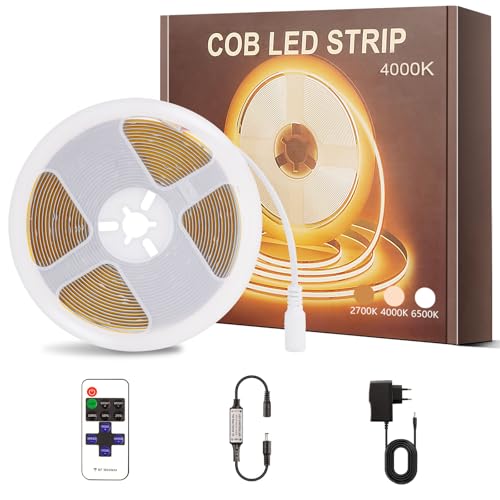 PSTAR Striscia LED COB 4M, 24V Strip LED Flessibile Bianco Naturale 4000K 320LEDs/M Strisce LED Adesiva Tagliabile, Larghezza 8mm con Alimentatore e Telecomando Per Casa Camera Cucina