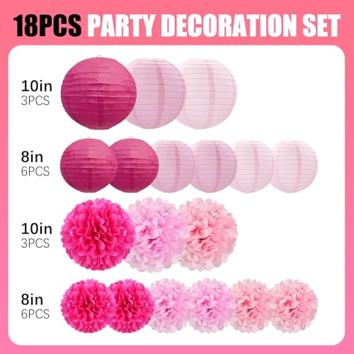 Image of 18 PCS Pink Paper Lanterns & Tissue Paper Pom Poms for Girls Birthday, Baby Shower, Wedding, Bridal Shower, Hanging Paper Decor, Party Decoration Set for Indoor Outdoor Events Theme Party Supplies