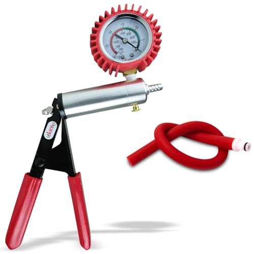 LeLuv Ultima Red Vacuum Pump - Aluminum Alloy Silver Handle Manual Hand Vacuum (0-30 Hg, 0-760 mmHg), Gauge Installed with Protective Rubber Cover, Silicone Padded Grips with Hose &amp; Fitting