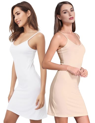 Image of Buauty 2 Packs Full Slip Dress for Women, Adjustable Spaghetti Strap No Static Cami Mini Slips for Under Dress Nightgown