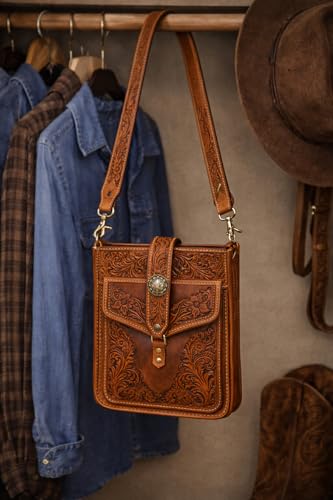 Image of CHALLENGER Western Floral Tooled Leather Replacement Shoulder Purse Guitar Cross Body Strap 115RS-Straps