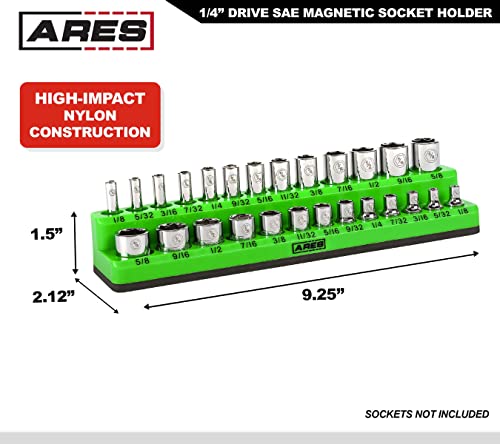Image of ARES 60005 - Green 26-Piece 1 /4-Inch SAE Magnetic Socket Organizer - 13 Standard Size and 13 Deep Size Socket Holder - Keeps Your Tool Box Organized