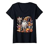 donna pumpkin garden gnome grandpa graphic for fall cute autumn maglietta con collo a v