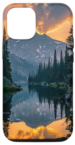 Coque pour iPhone 15 Pro Silhouette de montagne de scène de forêt de lac