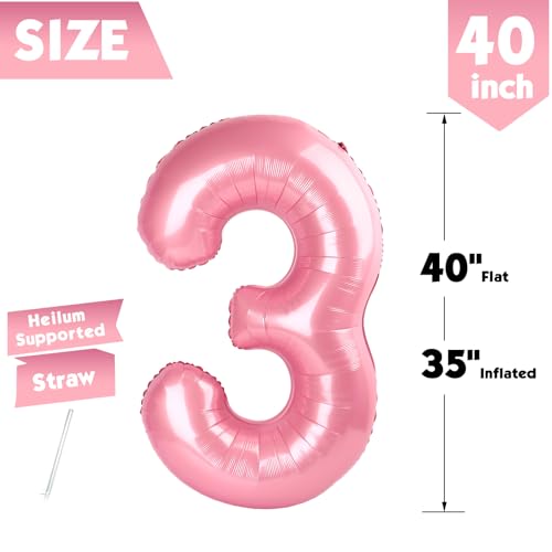 Image of 40 Inch Pastel Pink Number 3 Balloon, 3rd Birthday Party Decorations | 40 Inch Pastel Pink inflatable foil number balloons, large birthday decorations for 3rd birthday