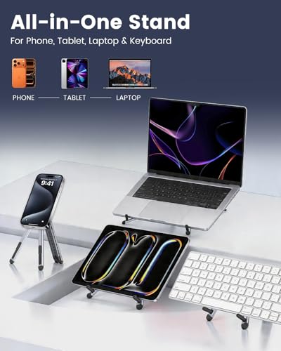 LENTION Magnetic Foldable Laptop Stand, 8-Level Adjustable Aluminum Laptop Riser, N52 MagSafe Phone Tablet Tripod Holder, Portable Ergonomic Desk Stand for 10-16 Inch Laptop Home Office Travel — view 3