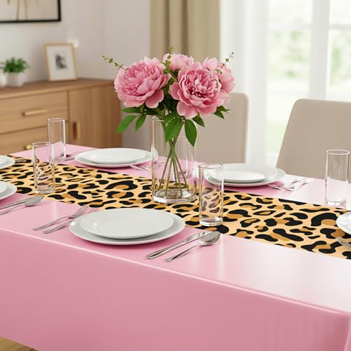 Image of Buryeah Leopard Print Tablecloth 54 x 108'' Leopard Plastic Table Cover Disposable Safari Animal Cheetah Print Party Decorations for Baby Shower Wedding Birthday Party Favors (Pink,3 Pcs)