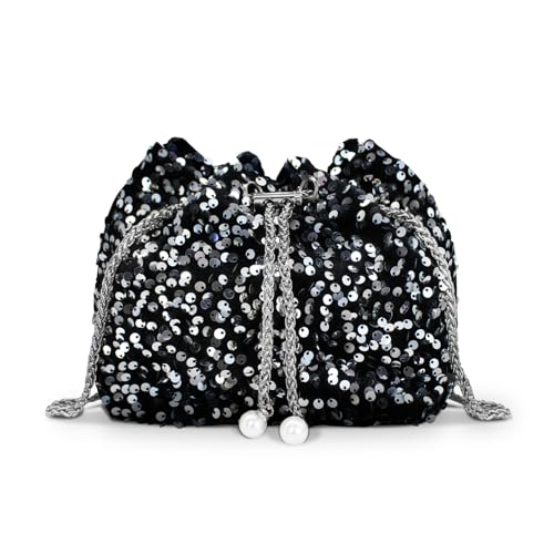 AfitLulu Lentejuelas Bolso Mujer Brillante Bolso de Noche Bolsos de Cadena, Elegante Bolsos Fiesta Mujer Crossbody Bag con Cadena Desmontable para Citas Fiestas Banquete (Plata)