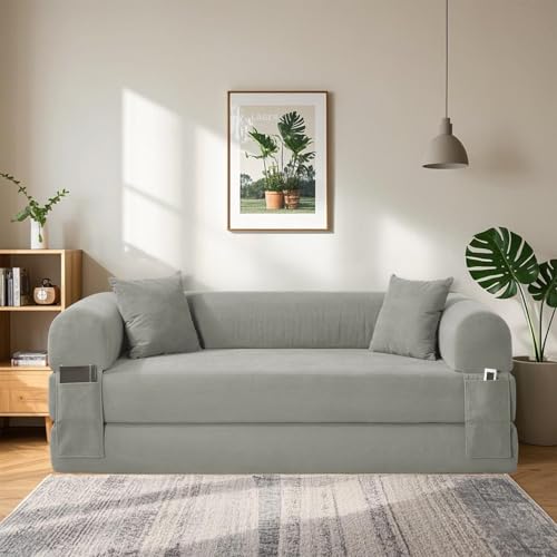 BMMB Sofá de suelo con función de sueño, 203 cm, 3 plazas, plegable, sofá cama con 2 cojines, moderno sofá cama para salón dormitorio (gris claro, reina)