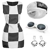 Ladies Mod 60s Costume Set - XLarge - Black & White Dress with Matching Hat, Glasses & Earrings - Perfect for Retro Fancy Dress Parties