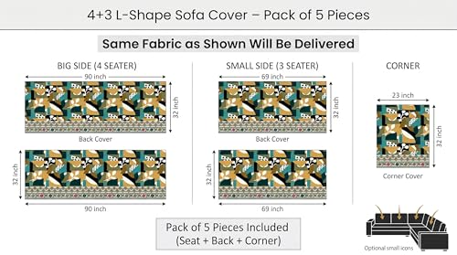 Image of Luxury Sofa Cover L Shape 7 Seater - Teal Abstract Floral 4+3 Seater (7 Seater) Quilted Sofa Cover Set Pack of 5, Washable, Teal Mustard Multi