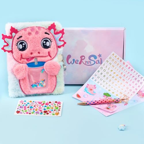 WEINNSAI Axolotl Plush Journal Set for Kids, Adorable Secret Diary Set with Lock, Key, Pen,Stickers, School Travel Notebook for Writing Drawing, Birthday Gifts for Girls Ages 6-8 - Image 4