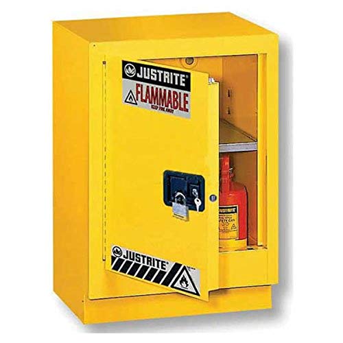 Image of Justrite 18 Gauge Steel 1 Door Manual Under Fume Hood Flammable Safety Storage Cabinet with Left Hinge, 15 Gallon Capacity, 24 inch Width x 35-3 /4 inch Height x 21-5 /8 inch Depth, Made in The USA, Yellow, 882410