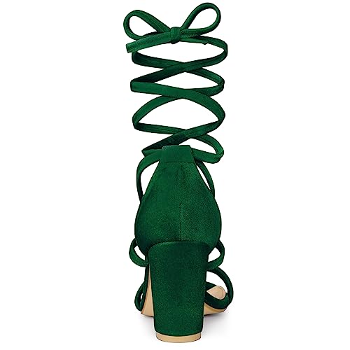 Allegra K Allegra K Women's Faux Velvet Lace Up Chunky Dark Green Heel Strappy Sandals 6.5 m US
