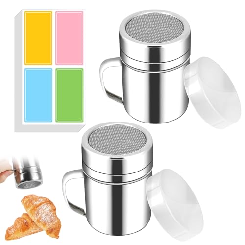 YALiya 2 Pièces Sucrier pour Sucre en Poudre, 40 étiquettes, Tamiseur Farine, Saupoudreuse Sucre Glace, Saupoudreuse Cacao, Convient pour le Cacao en Poudre, la Farine, le Cappuccino et les épices