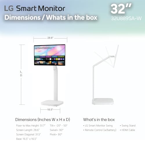 Image of LG Swing 32U889SA-W 32 inch 4K UHD (3840x2160) IPS Multi-Touch Smart Monitor Bundle | HDR10, webOS, Built-in Speakers, HDMI & USB-C Connectivity, Adjustable Wheeled Stand + HDMI Cable + Cable Ties + More