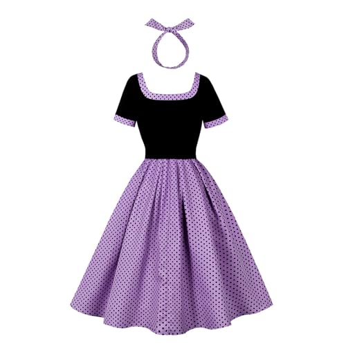 Women's Hepburn Retro Cocktail Dress 1950s Polka Dot Short Sleeve Outfits with Headband Pocket Vintage Halloween Costume Purple XL by IKADEX - Used condition - Image 2