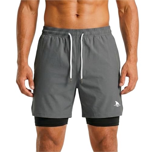 Image of Boldshark Men's 2-in-1 Running Shorts with Inner Compression Layer, Quick-Dry Sports Shorts with Phone Pocket for Gym, Running & Training