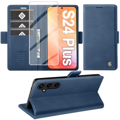 Étui protection Samsung S24 Plus cuir bleu clapet antichoc avec porte-carte