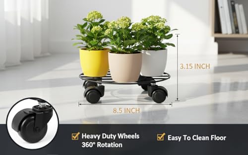 Image of Round Metal Plant Stand with Wheels (Pack of 1) | Heavy Duty Pot Trolley for Home, Balcony & Garden | Black