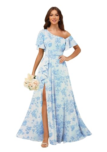 Image of One Shoulder Bridesmaid Dresses for Women with Pockets Short Sleeve Ruffled Chiffon Formal Evening Gowns