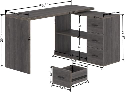 Image of L Shaped Desk with Drawers, L Shape Computer Desk with Storage Cabinet Shelves, Reversible Modern Industrial Home Office Corner Desk, Rustic Wood Executive Writing Gaming Study Table,