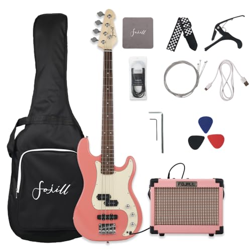 Fojill Full Size 4 Four String Electric Bass Guitar 10W Battery Power Bluetooth Amplifier Amp Beginner Starter Kit Set Combo Bundle Accessory Gig Bag Strap Picks Capo Cable Strings(GPK)