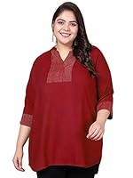 Indietoga Women's Plus Size Maroon Embroidered Casual Cotton Linen Tunic (5XL)