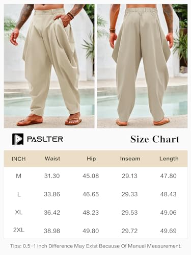 PASLTER Calça masculina harém algodão yoga casual plissado hippie Aladdin calças de verão, Marrom, G