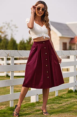 Naggoo YSK01524WRS Women'S Summer Midi Skirt With Pockets Casual High Waisted Button Long Skirts Burgundy Red Small thumb #3