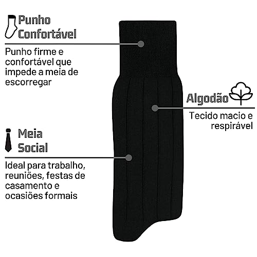 Kit 06 Meia Social Mash Algodão Mash Cano Longo Canelada | 6 Preto | 39-42