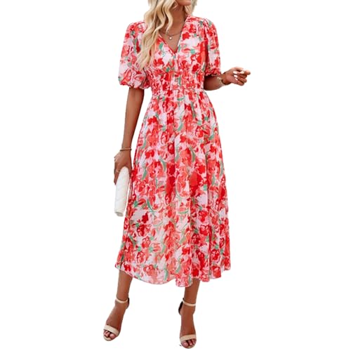 Spring Dresses for Women 2024 Casual,Temperament V-Neck Waist Printed Long Skirt,Puff-Sleeve V-Neck Floral Dress (Red,Medium)