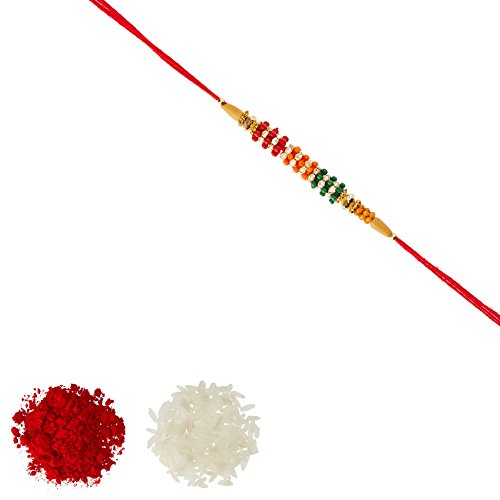 Image of Aheli Fancy Multi Color Plastic Ring AD Ring Rakhi with Roli Chawal Tilak For Men Boys (Golden) (R17448D)