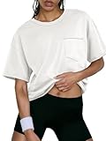 ATHMILE Cropped Tshirt Womens Oversized T-Shirts Short Sleeve Workout Crop Tops Casual Drop Shoulder Boxy Roll Hem Basic Loose Tees White