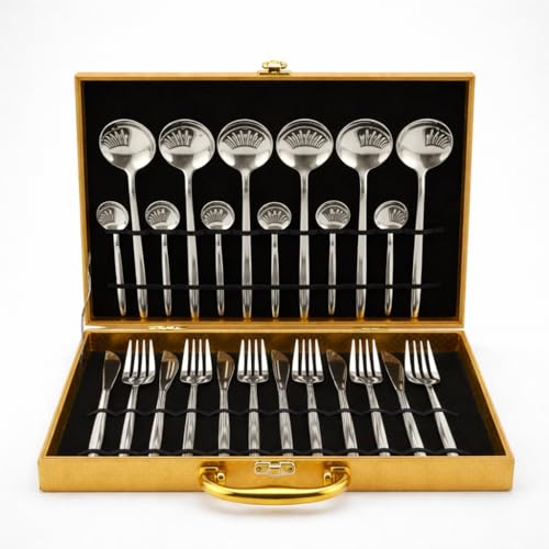 Image of 24-Piece Cutlery Set with Storage Box | SUS410 Stainless Steel Dinner Set | Luxury Gift Set with Carry Case | Premium Spoon Fork Knife Set for Dining & Festive Gifting - Silver