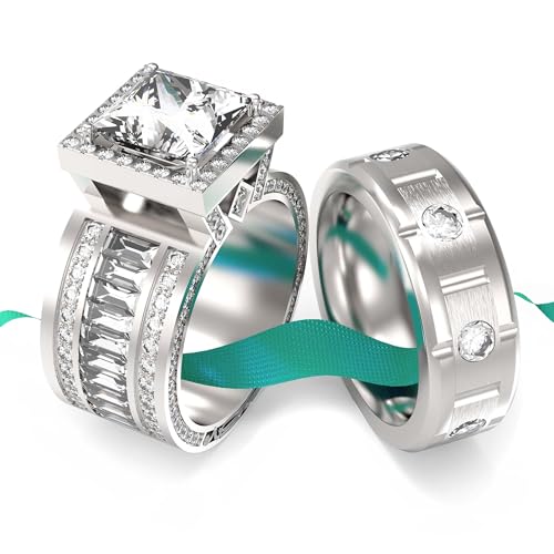 LOVERSRING 2pc His and Hers Couple Ring Bridal Sets Women White Gold Plated Square Moissanite Man Titanium Band Wedding Ring for Him and Her - Main Image