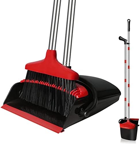 GRAREND Broom and Dustpan Set for Home, Upright 55" Broom and Dustpan Combo with Long Handle, Lobby Broom Sweeping for House Kitchen Room Office Indoor Floor Cleaning Supplies Housewarming Gift - Red