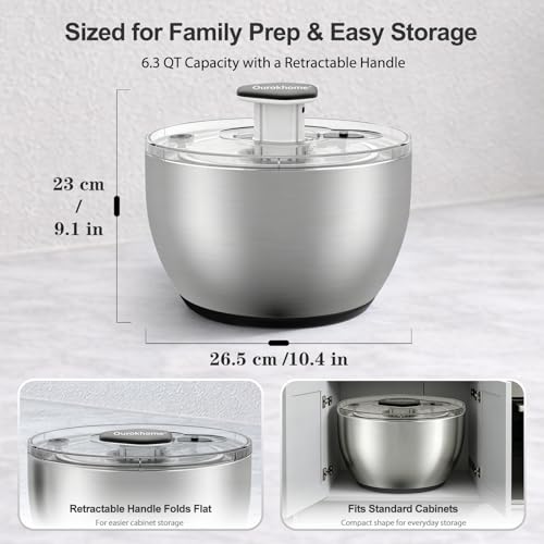 Ourokhome 6.3 QT Stainless Steel Salad Spinner, Large Lettuce Spinner with One-Hand Press Pump, Brake Button, Non-Slip Base and Retractable Handle, Vegetable Washer & Dryer for Greens, Fruits and Herb - Image 3