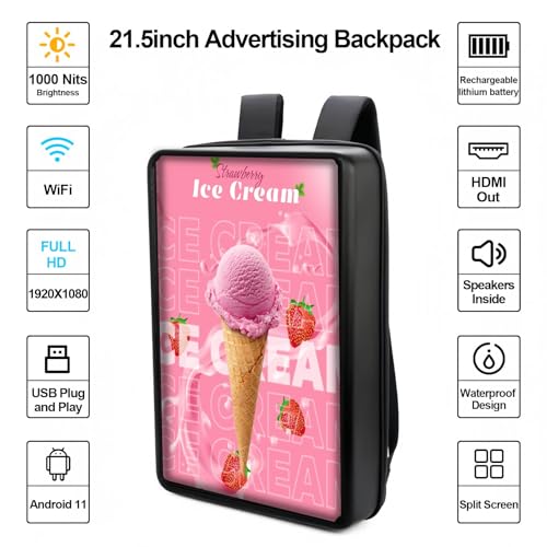Image of 21.5 Inch Touchscreen Advertising Backpack, 1000nits High Brightness LCD Screen Backpack, IP65 Waterproof Digital Signage Backpack with USB /App /CMS Input for Auto Playback, Split Screen, Android 11OS