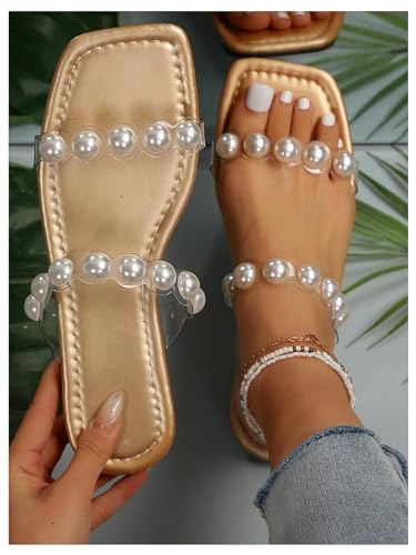 GORGLITTER Women's Pearl Clear Sandals Two Strap Summer Square Toe Slides Sandals2