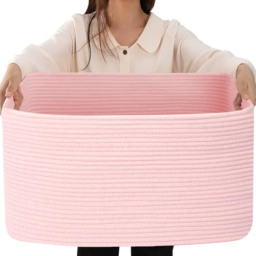 HOBASKET 75L Large Woven Storage Basket, Pink Cotton Rope Laundry Hamper with Handles, 22”x17”x12” Rectangle Blanket Basket for Toys, Clothes, Pillows, Nursery and Living Room,Shelf Basket