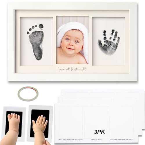 Portarretratos, Marco foto y huellas recuerdo de bebe, Kit de mano y huella de bebé con kit de mano y huella sin tinta*1, Tres hojas de papel blanco, Cinta adhesiva de doble...
