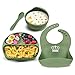 Baby Geschirrset Silikon Kindergeschirr Set mit Saugnapf 4er-Set Rutschfest Teller Schüssel Löffel Lätzchen Geschenkset für Kleinkinder Junge Mädchen, BPA-frei, Spülmaschinenfest (Hellgrün)