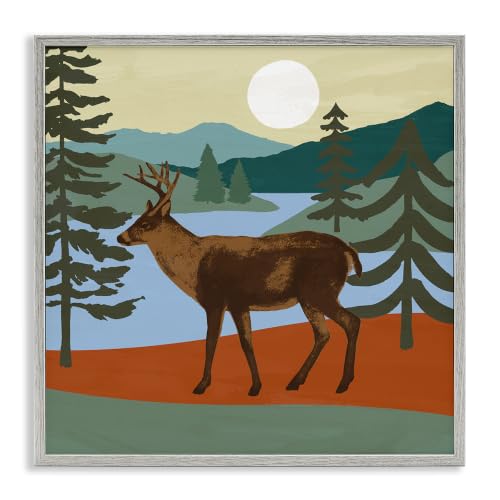 Lakeside Mountain Deer Forest Landscape, 12 x 12 Inch Framed Giclée Print
