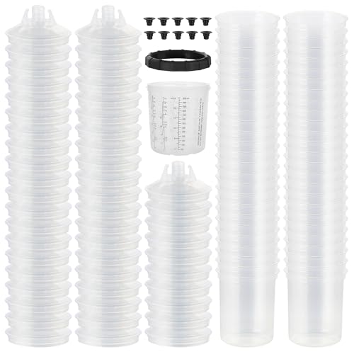 ROADGIVE Disposable Paint Spary Gun Cups(650 ML/22 OZ), Spray Paint Cup Kit with 50 Cup Liners, 50 Lids, 10 Sealing Plugs, 1 Retainer Ring, 1 Hard Cup